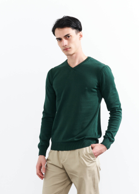  Wholesale Men's Dark Green V Neck Basic Cotton Sweater - 4