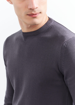  Wholesale Men's Dark Grey Crew Neck Basic Cotton Sweater - 3