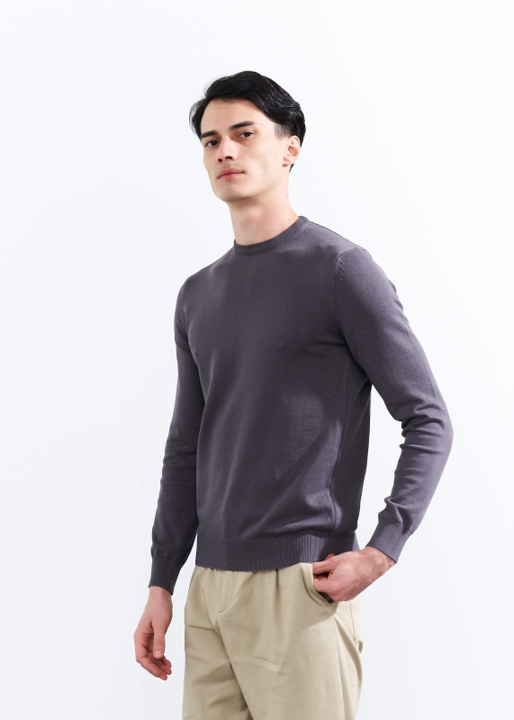  Wholesale Men's Dark Grey Crew Neck Basic Cotton Sweater - 4