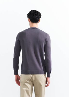  Wholesale Men's Dark Grey Crew Neck Basic Cotton Sweater - 5