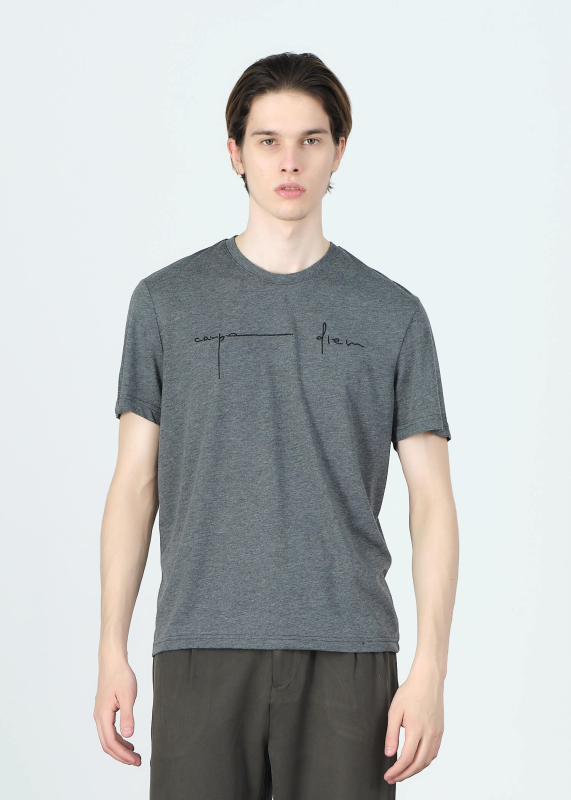Wholesale Men's Dark Grey Embroidery Printed Regular Fit T-Shirt - 1