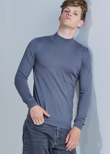 Wholesale Men's Dark Grey Mock Neck Viscose Basic Sweater 