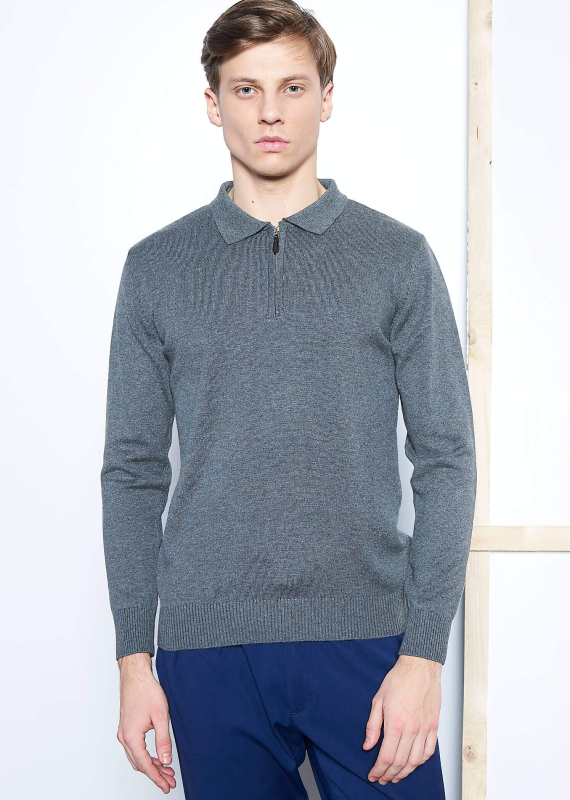 Wholesale Men's Dark Grey Polo Neck Basic Sweater - 5