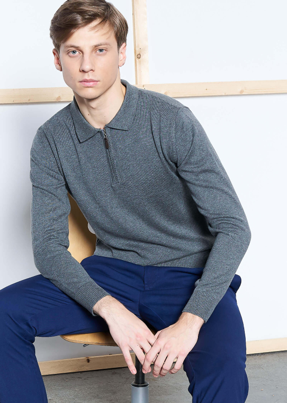 Wholesale Men's Dark Grey Polo Neck Basic Sweater - 1
