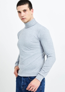 Wholesale Men's Gray Melange Full Turtleneck Basic Sweatshirt - 1
