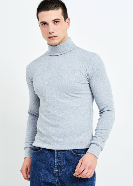 Wholesale Men's Gray Melange Full Turtleneck Basic Sweatshirt - 2