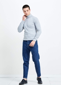 Wholesale Men's Gray Melange Full Turtleneck Basic Sweatshirt - 3