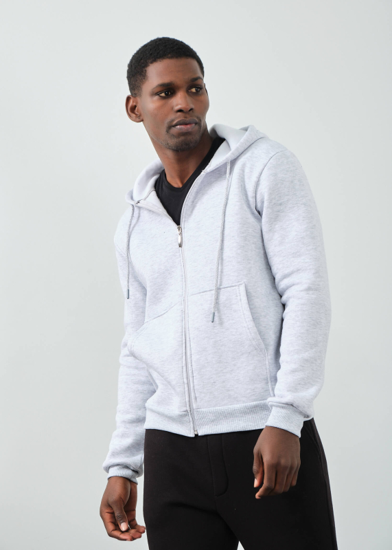 Wholesale Men's Gray Melange Hooded Sweatshirt with Pocket - 1