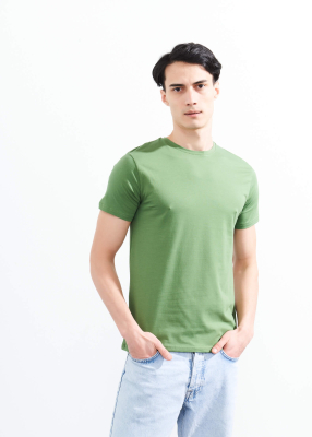 Wholesale Men's Green Crew Neck Lycra T-shirt 