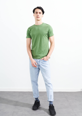 Wholesale Men's Green Crew Neck Lycra T-shirt - 2