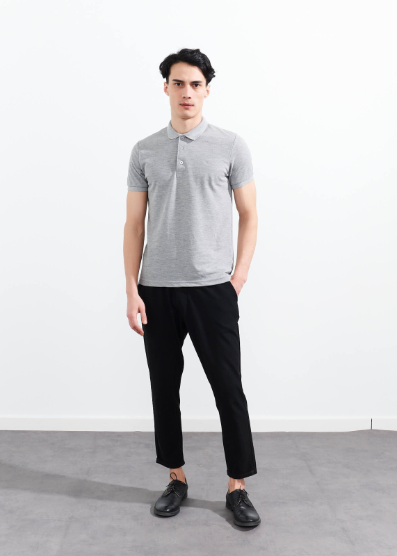 Wholesale Men's Grey Melange Basic Polo Neck T-Shirt - 2