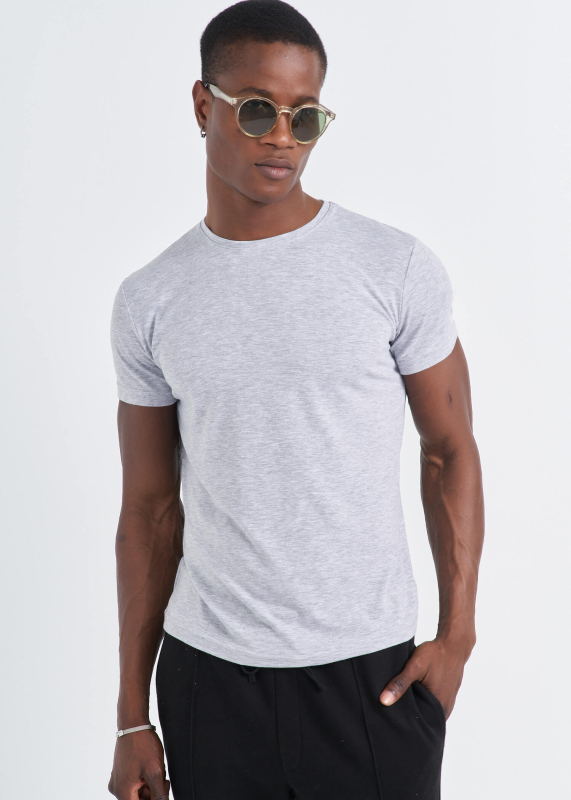 Wholesale Men's Grey Melange Crew Neck Lycra T-shirt - 1