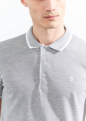 Wholesale Men's Grey Melange Striped Polo Neck T-shirt - 3
