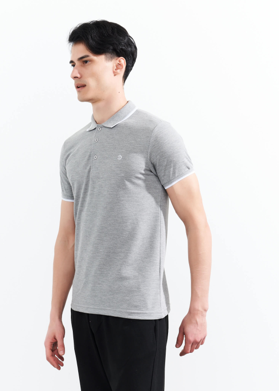 Wholesale Men's Grey Melange Striped Polo Neck T-shirt - 4