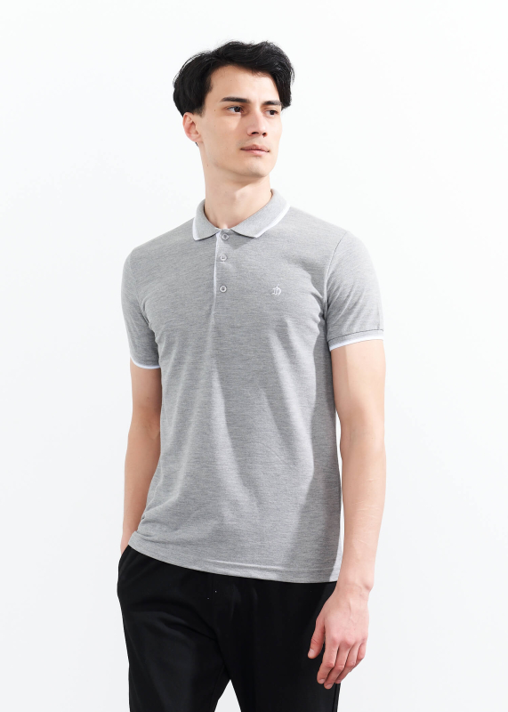 Wholesale Men's Grey Melange Striped Polo Neck T-shirt - 1