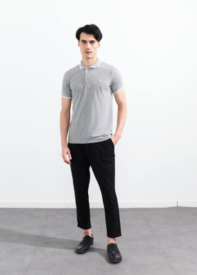 Wholesale Men's Grey Melange Striped Polo Neck T-shirt - 2