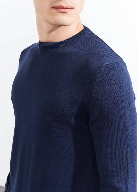 Wholesale Men's İndıgo Crew Neck Basic Oversize Cotton Sweater - 3