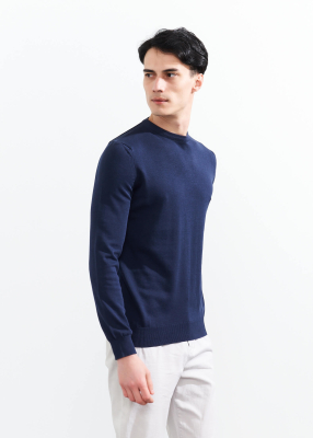 Wholesale Men's İndıgo Crew Neck Basic Oversize Cotton Sweater - 4