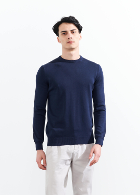 Wholesale Men's İndıgo Crew Neck Basic Oversize Cotton Sweater - 1