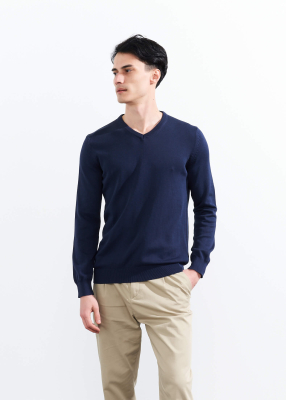 Wholesale Men's İndigo V Neck Basic Cotton Sweater - 1
