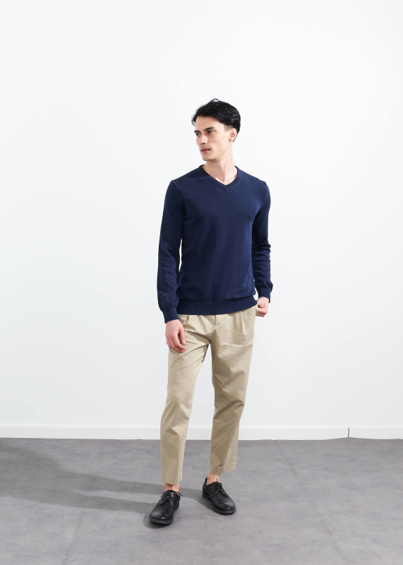 Wholesale Men's İndigo V Neck Basic Cotton Sweater - 2