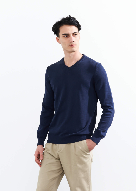 Wholesale Men's İndigo V Neck Basic Cotton Sweater - 4
