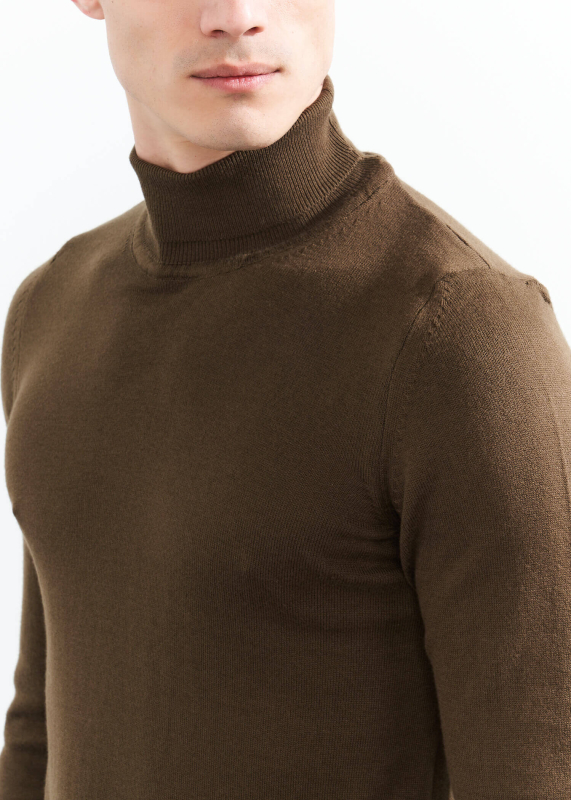 Wholesale Men's Khaki Turtle Neck Viscose Basic Sweater - 3