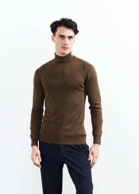 Wholesale Men's Khaki Turtle Neck Viscose Basic Sweater - 1