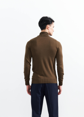 Wholesale Men's Khaki Turtle Neck Viscose Basic Sweater - 5