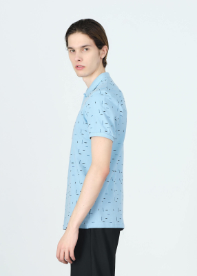 Wholesale Men's Lıght Blue Printed Polo Neck Regular Fit T-shirt - 3