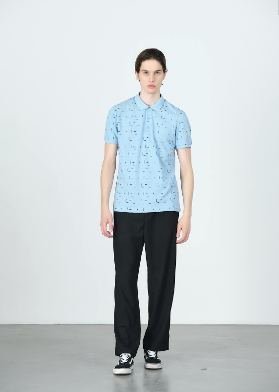 Wholesale Men's Lıght Blue Printed Polo Neck Regular Fit T-shirt - 5