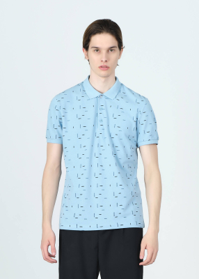 Wholesale Men's Lıght Blue Printed Polo Neck Regular Fit T-shirt - 1