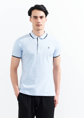 Wholesale Men's Light Blue Striped Polo Neck T-shirt - 1