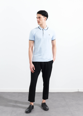Wholesale Men's Light Blue Striped Polo Neck T-shirt - 2