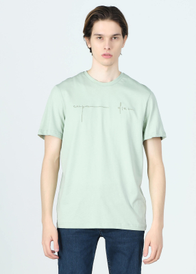 Wholesale Men's Lıght Green Embroidery Printed Regular Fit T-Shirt 