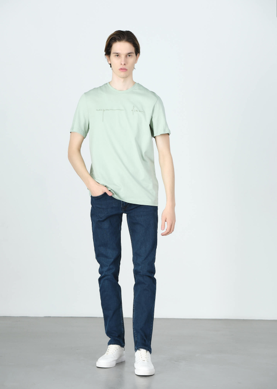Wholesale Men's Lıght Green Embroidery Printed Regular Fit T-Shirt - 2