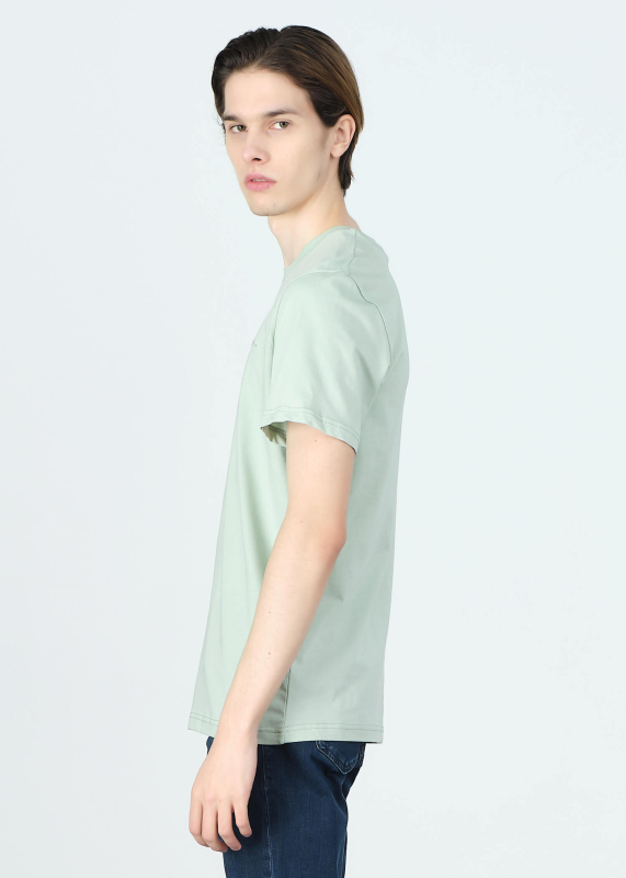 Wholesale Men's Lıght Green Embroidery Printed Regular Fit T-Shirt - 4