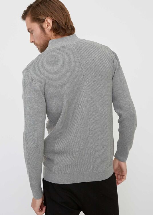 Wholesale Men's Light Grey Mock Turtleneck Patterned Cardigan - 3