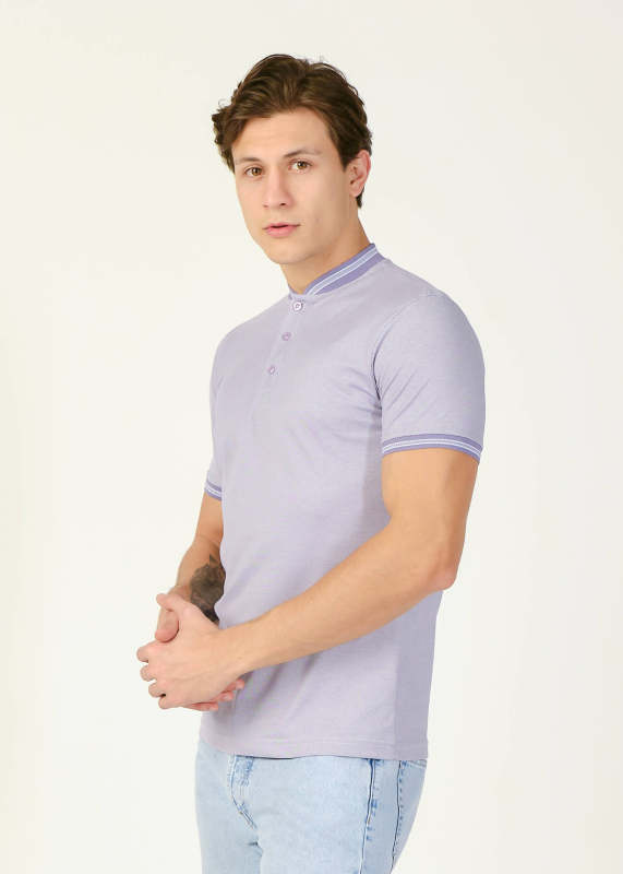 Wholesale Men's Lilac Grandad Collar T-Shirt - 1