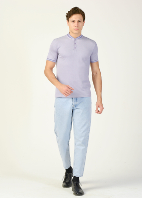 Wholesale Men's Lilac Grandad Collar T-Shirt - 2