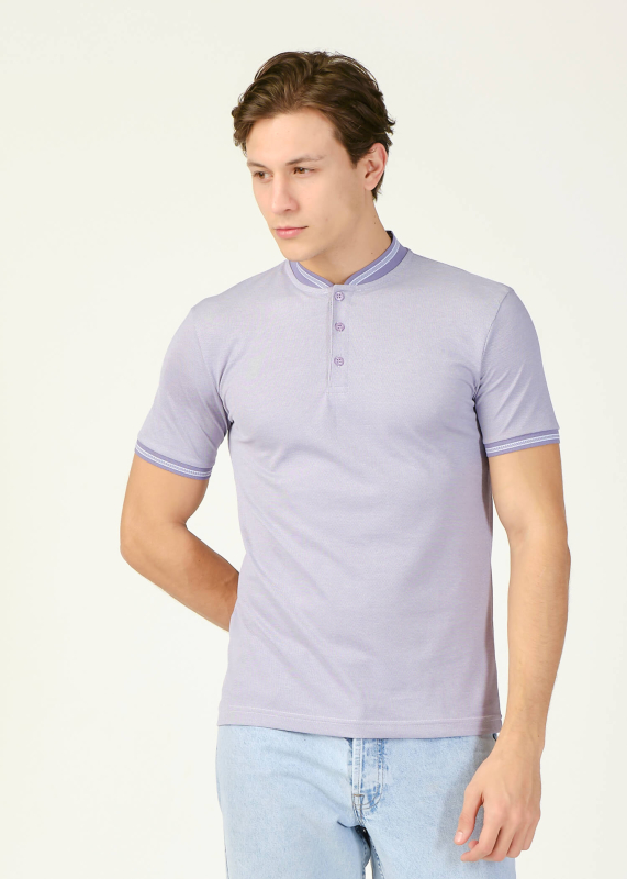 Wholesale Men's Lilac Grandad Collar T-Shirt - 4