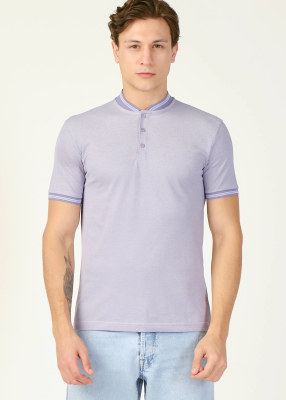 Wholesale Men's Lilac Grandad Collar T-Shirt - 5
