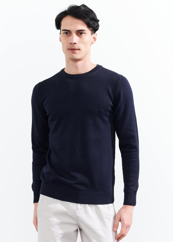  Wholesale Men's Navy Blue Crew Neck Basic Cotton Sweater - 2