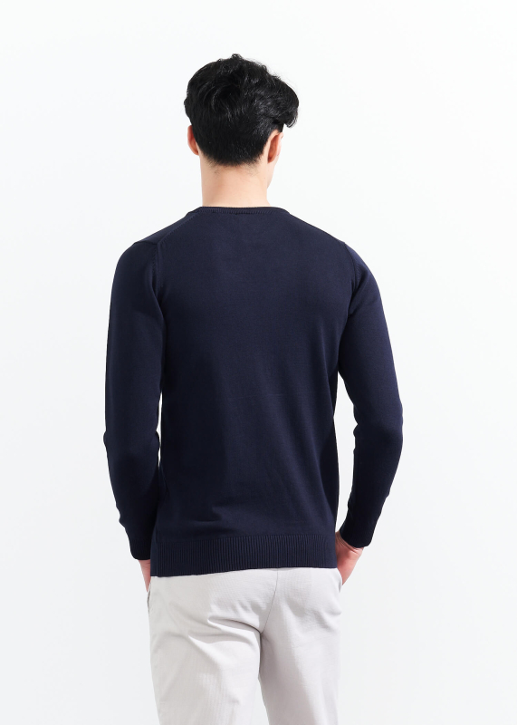  Wholesale Men's Navy Blue Crew Neck Basic Cotton Sweater - 5