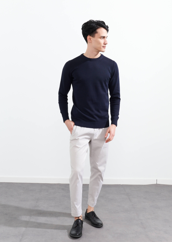 Wholesale Men's Navy Blue Crew Neck Basic Oversize Cotton Sweater - 1