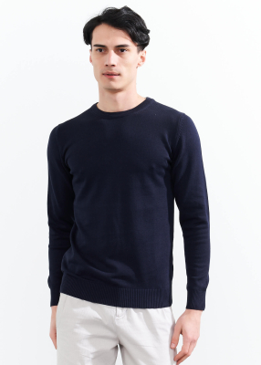 Wholesale Men's Navy Blue Crew Neck Basic Oversize Cotton Sweater - 2