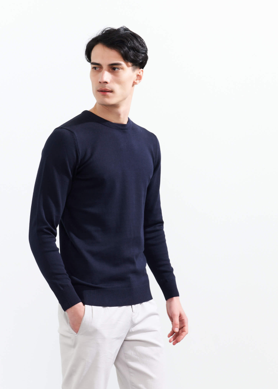 Wholesale Men's Navy Blue Crew Neck Basic Oversize Cotton Sweater - 4