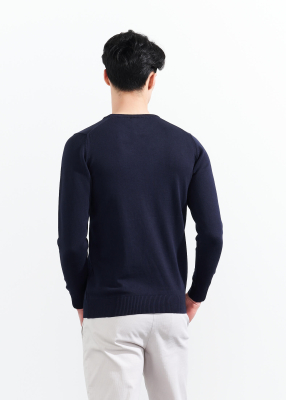 Wholesale Men's Navy Blue Crew Neck Basic Oversize Cotton Sweater - 5