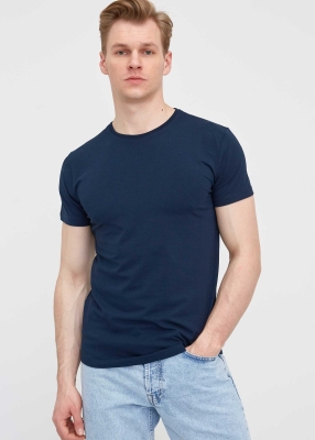  Wholesale Men's Navy Blue Crew Neck Lycra T-Shirt 