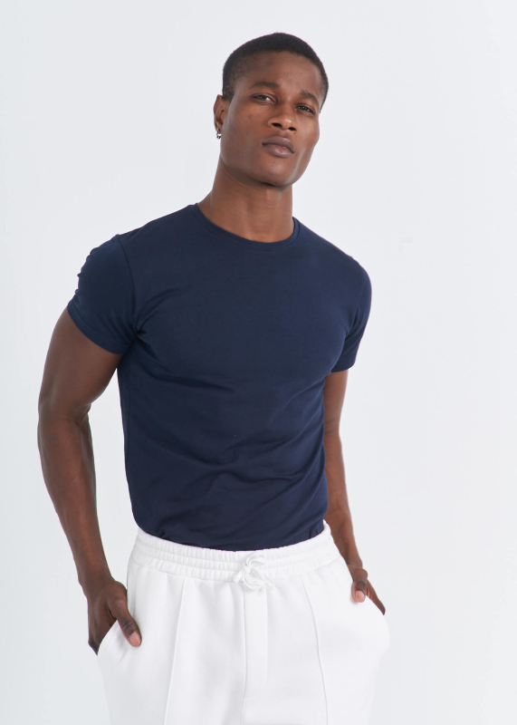Wholesale Men's Navy Blue Crew Neck Lycra T-shirt - 6